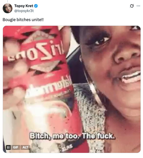 Person holding a can of Four Loko, captioned with "Bitch, me too. The fuck." Text overlay: "Bougie bitches unite!!"
