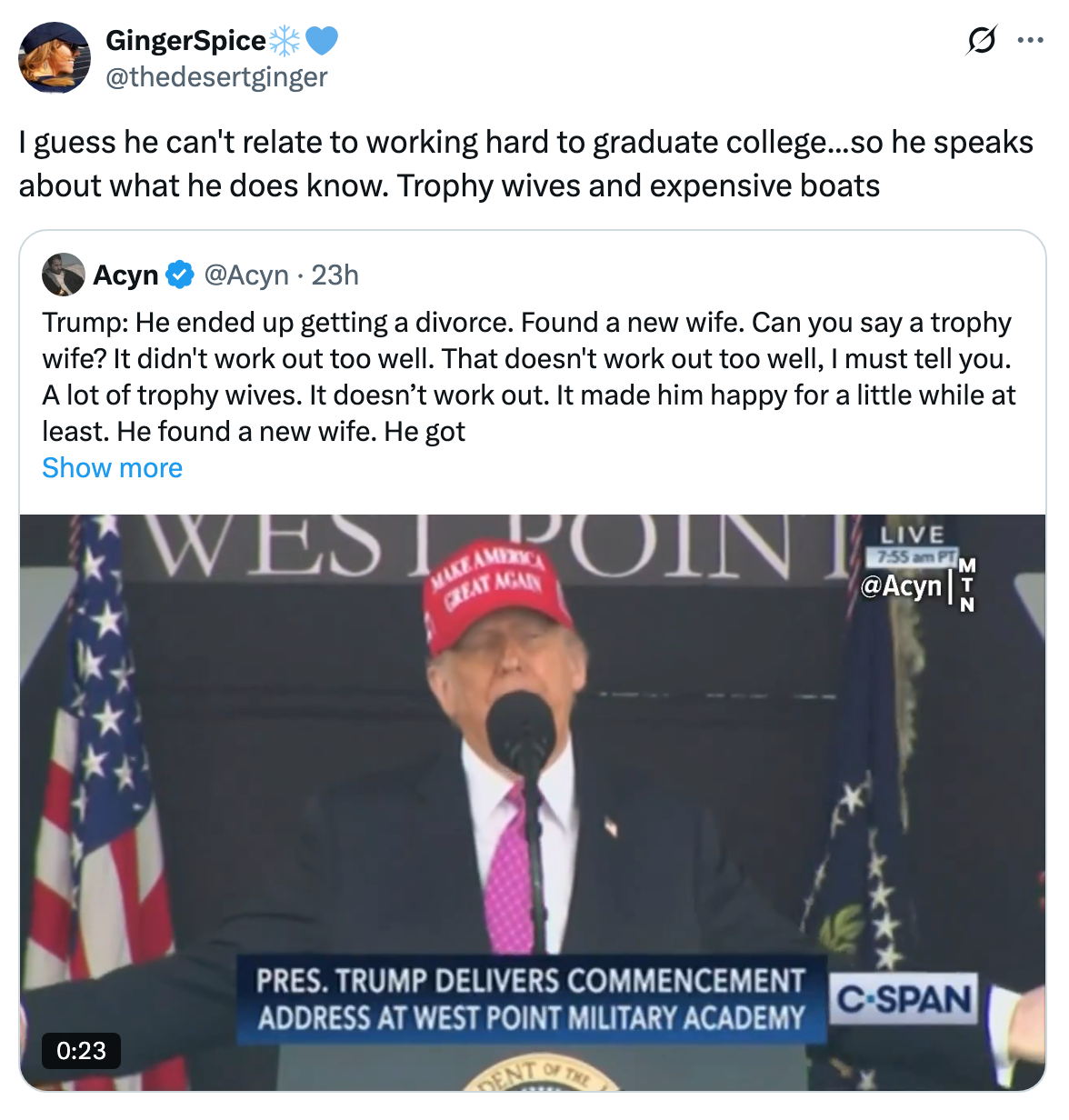 A person at a podium with a red hat, speaking at an event. Caption discusses divorce, a new wife, and trophy wives. Tweet comments on hard work and trophies