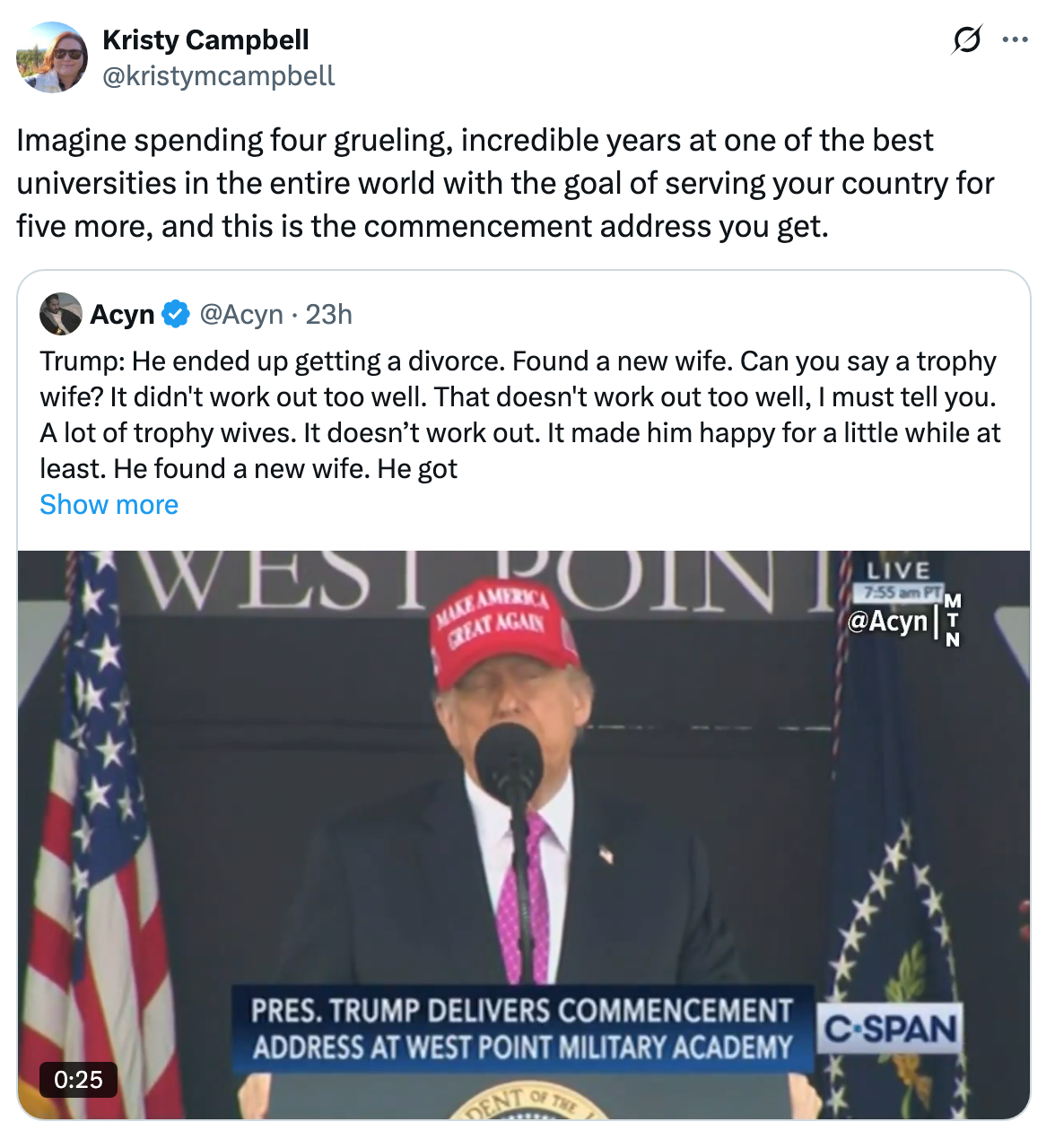 A person speaks at a podium with a &quot;Make America Great Again&quot; hat. Subtitles mention finding a new wife. Tweets above discuss college and serving the country