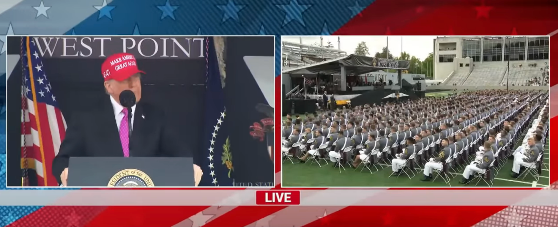 Split image: On the left, a person at a podium wearing a red cap. On the right, a large crowd of people seated outdoors in a stadium