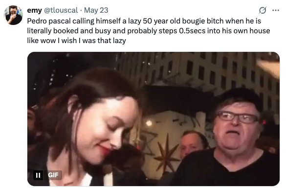 A woman smiles while a man behind her appears surprised. Tweet text humorously comments on the man describing himself as a busy person