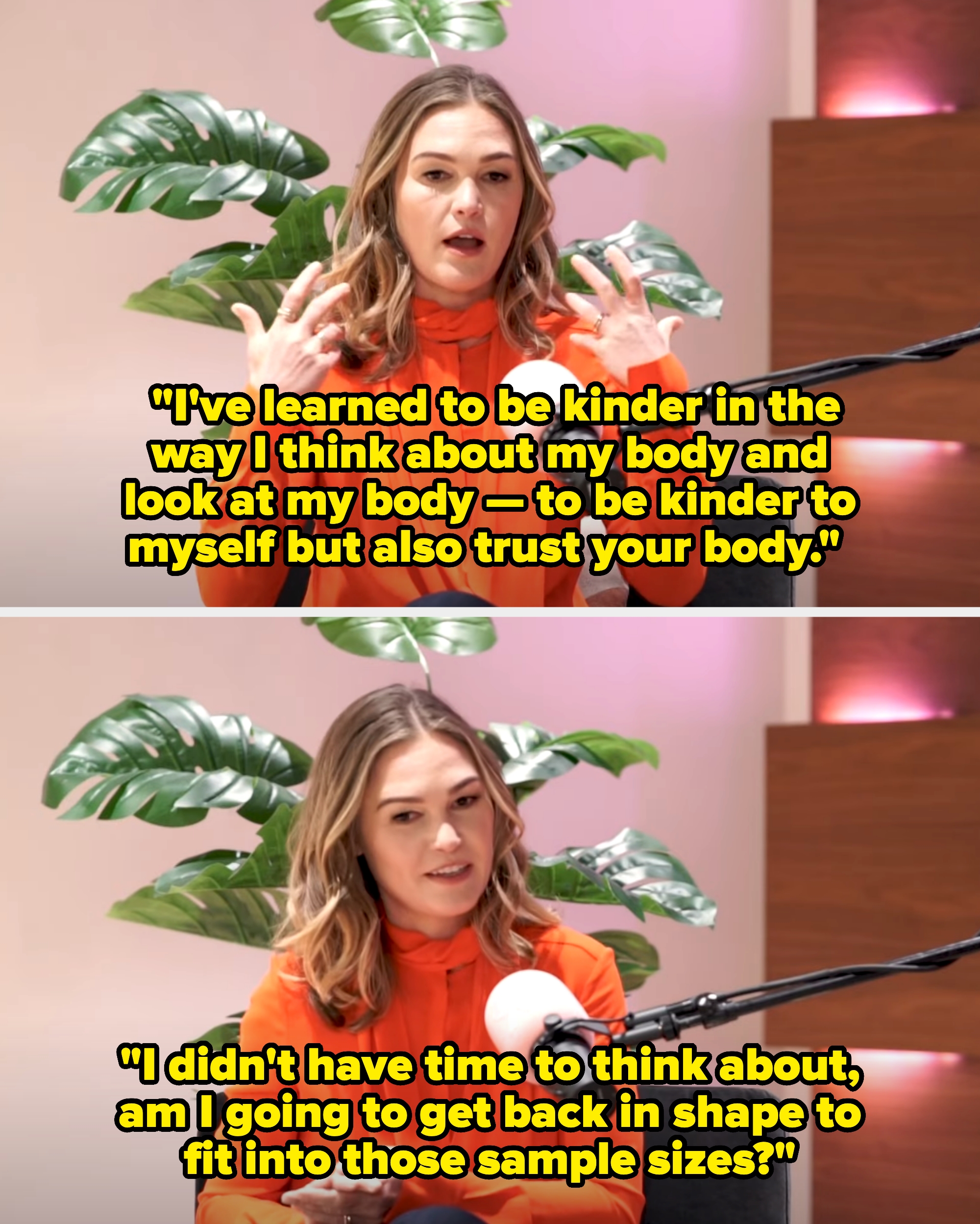 Person sitting in a podcast studio, speaking into a microphone with hand gestures; large plant in the background