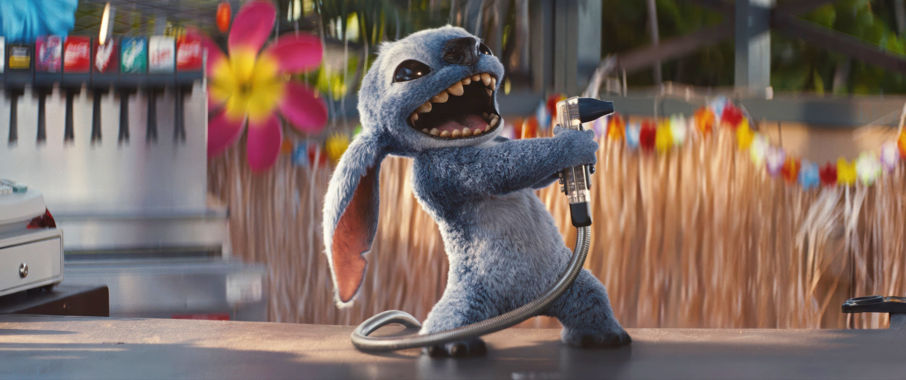 Animated character enthusiastically singing into a flexible microphone, surrounded by tropical-themed decor and accessories