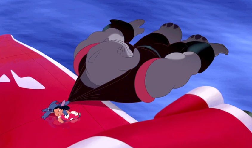 A large cartoon alien hugs a small child on a spaceship. They look content, floating above a red surface