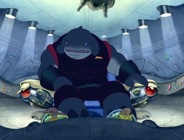 A cartoon shark-like character in a futuristic control room, sitting and operating controls