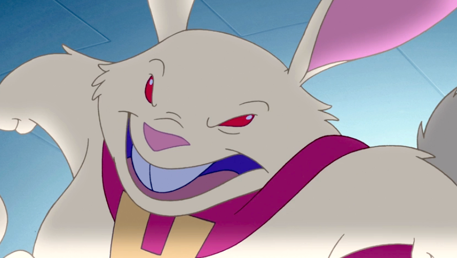 Animated rabbit character with a mischievous grin, wearing a purple scarf and a letter "H" on its chest, in an action pose