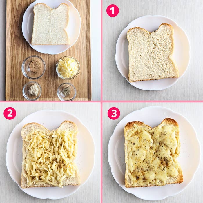 トーストにチーズをのせて焼く手順図。1:バターを塗る。2:チーズをのせる。3:焼いて黒コショウをかける。