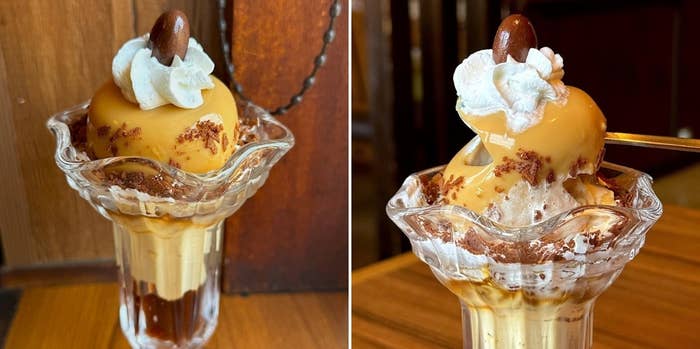 グラスに盛られたプリンパフェ。ホイップクリームとナッツがトッピングされています。