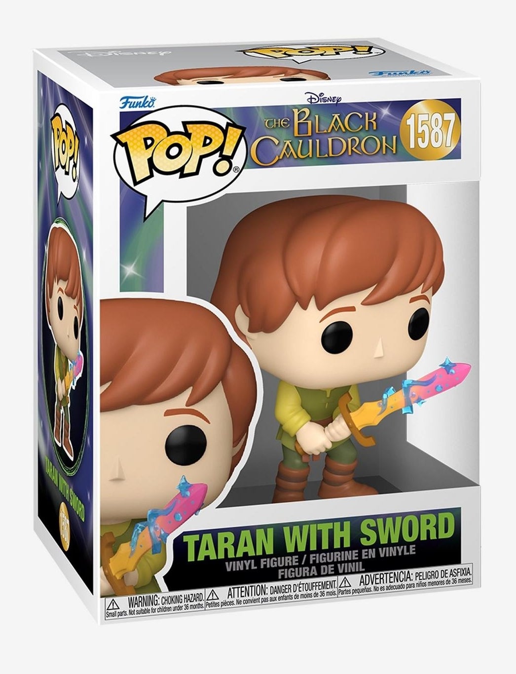 Funko Pop! of Taran from "The Black Cauldron" holding a sword, displayed in a branded box