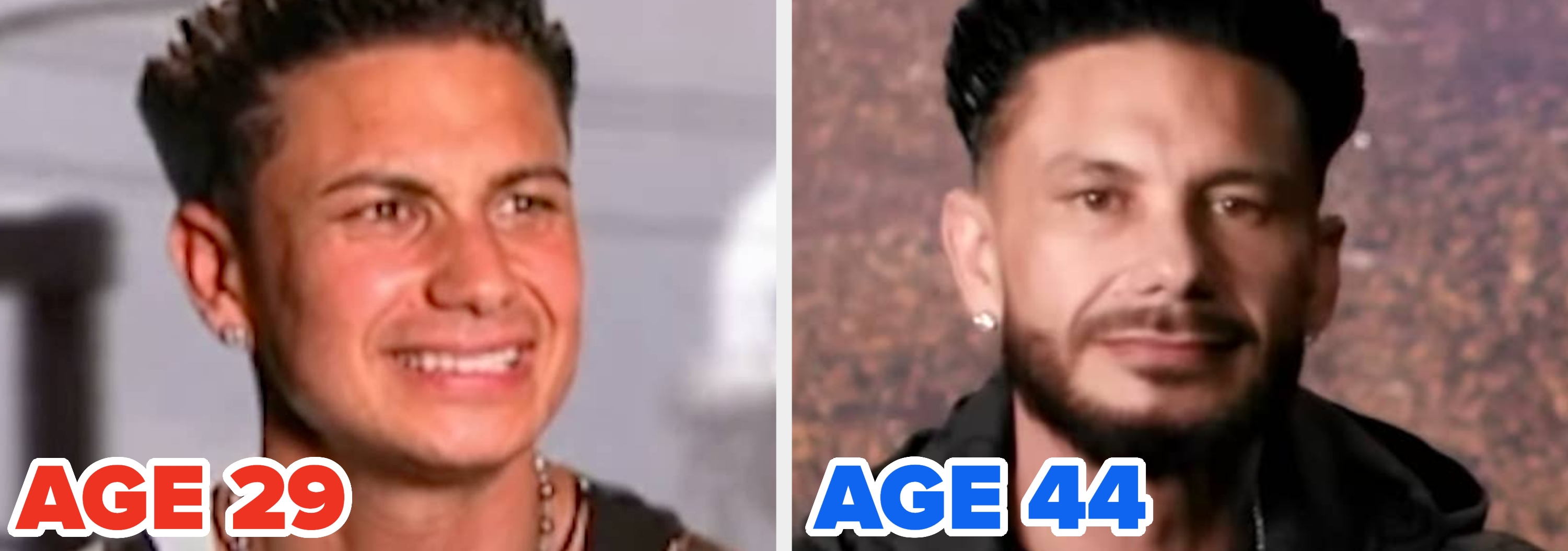 Split image of the same man at ages 29 and 44, highlighting differences in appearance over time