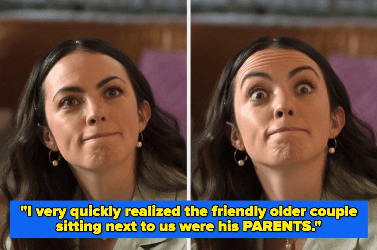 A woman looks shocked, wide-eyed. Text reads: "I very quickly realized the friendly older couple sitting next to us were his PARENTS."