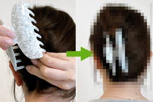 髪を束ねてクリップで留める様子。手はヘアクリップを使用しています。