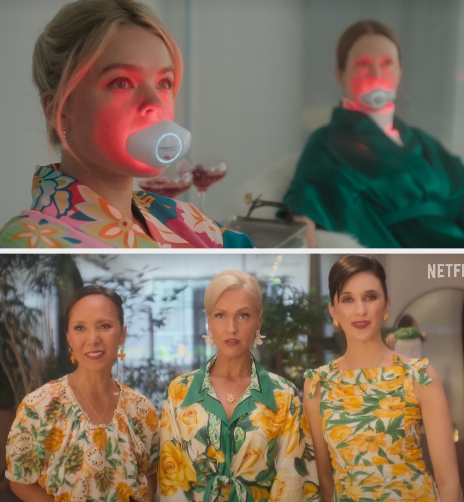 Two women with LED face masks in a spa (top) and three women in floral dresses at an event (bottom)