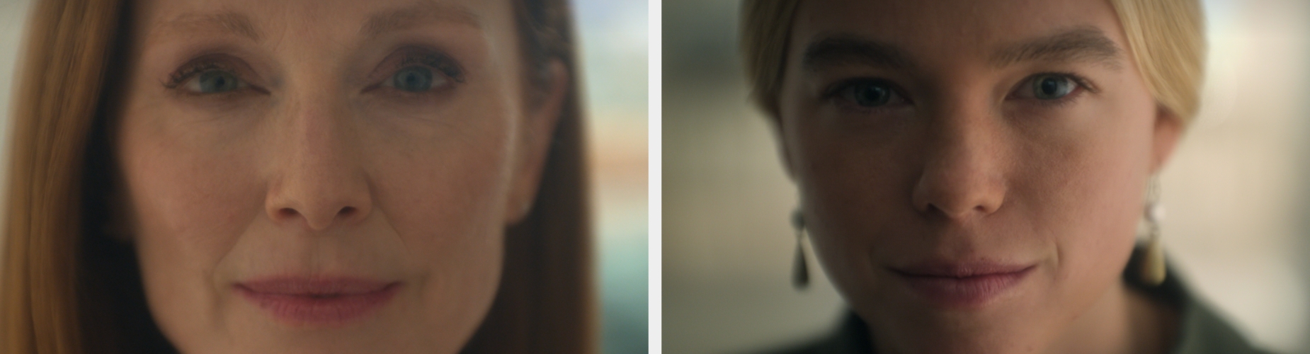 Two close-up shots of women with calm expressions. The woman on the left has long hair, and the woman on the right has earrings and a subtle smile