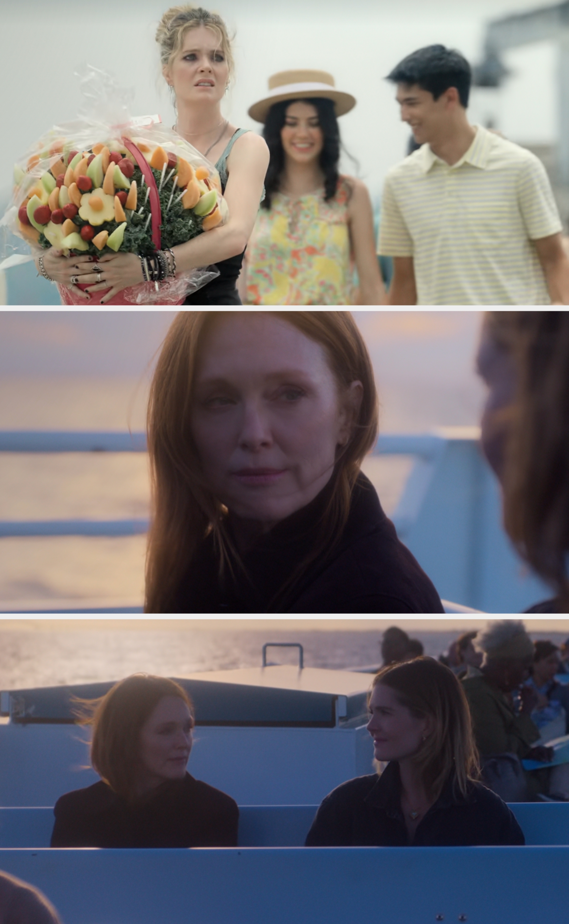 Top: A woman carries a fruit bouquet; two people walk behind her. Bottom: A woman gazes thoughtfully outdoors at sunset