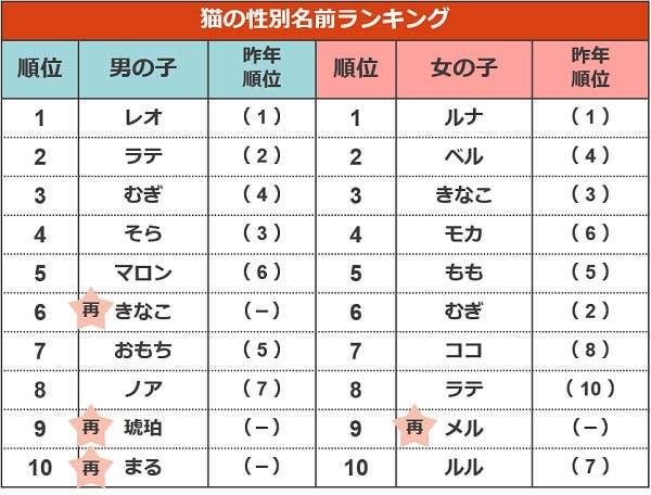 猫の性別名前ランキング （アイペット損害保険調べ）