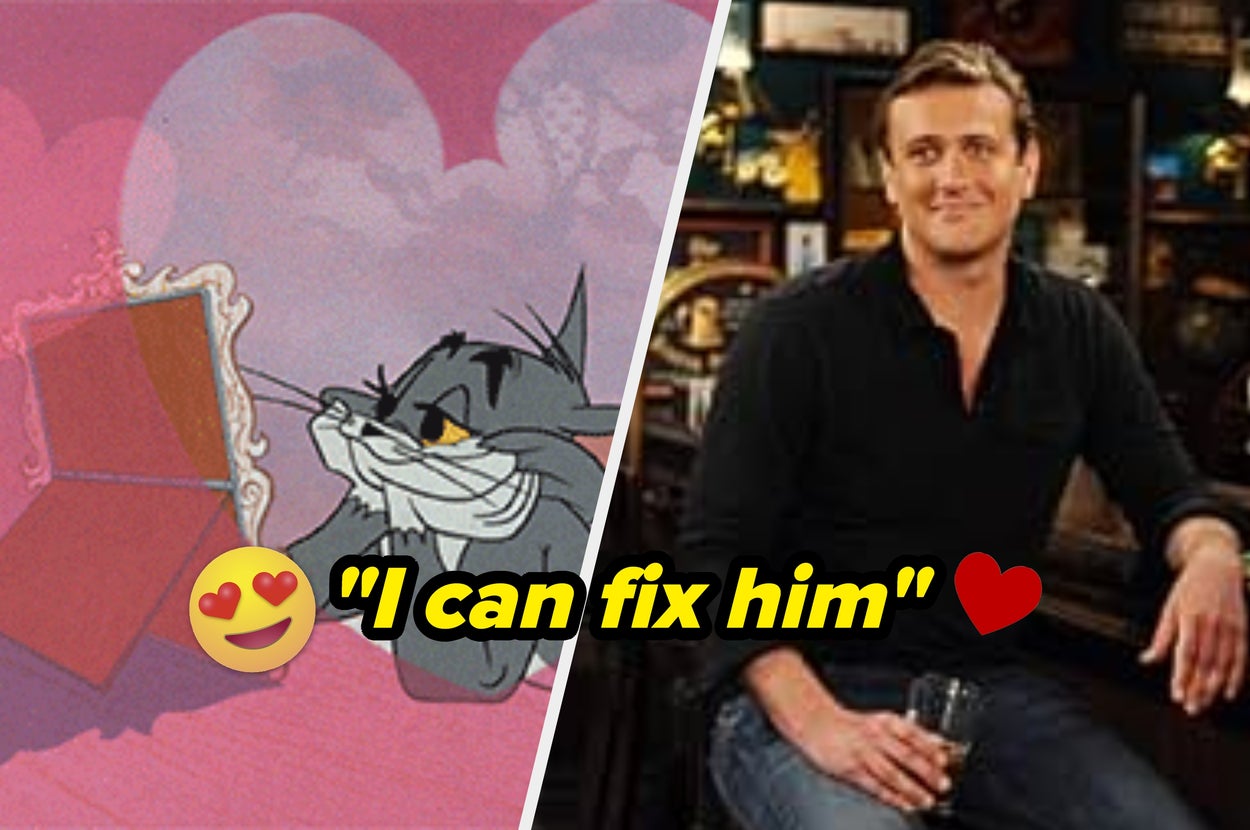 Split image: Left shows animated cat with heart background; right shows a laughing woman on a sitcom set. Text: "I'll give you a TV soulmate..."