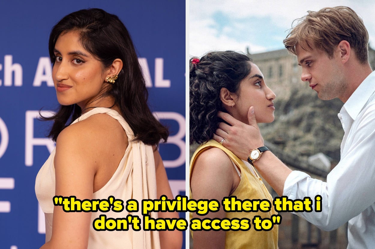 Left: Ambika Mod at an event. Right: Ambika with Leo Woodall in a scene from "One Day." Text over reads her quote: "there's a privilege there that i don't have access to"