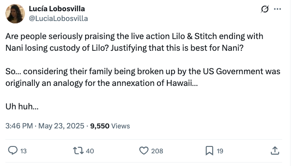 Tweet questioning the live-action "Lilo & Stitch" ending with Nani losing custody of Lilo, comparing it to the annexation of Hawaii