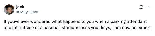 Tweet about losing keys at a baseball stadium parking lot