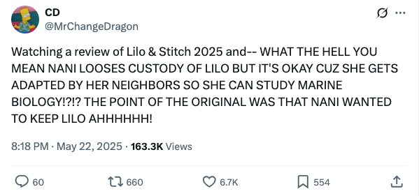 Tweet expressing frustration over a change in "Lilo & Stitch 2025," where Nani loses custody of Lilo, who is then adopted by neighbors
