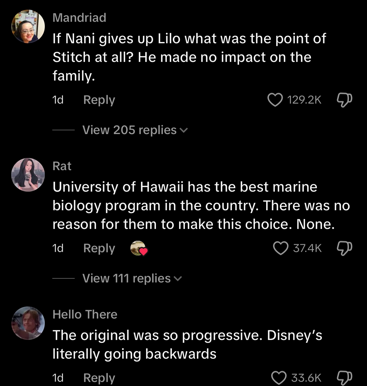 Comments criticizing character and plot decisions in a movie related to Lilo and Stitch