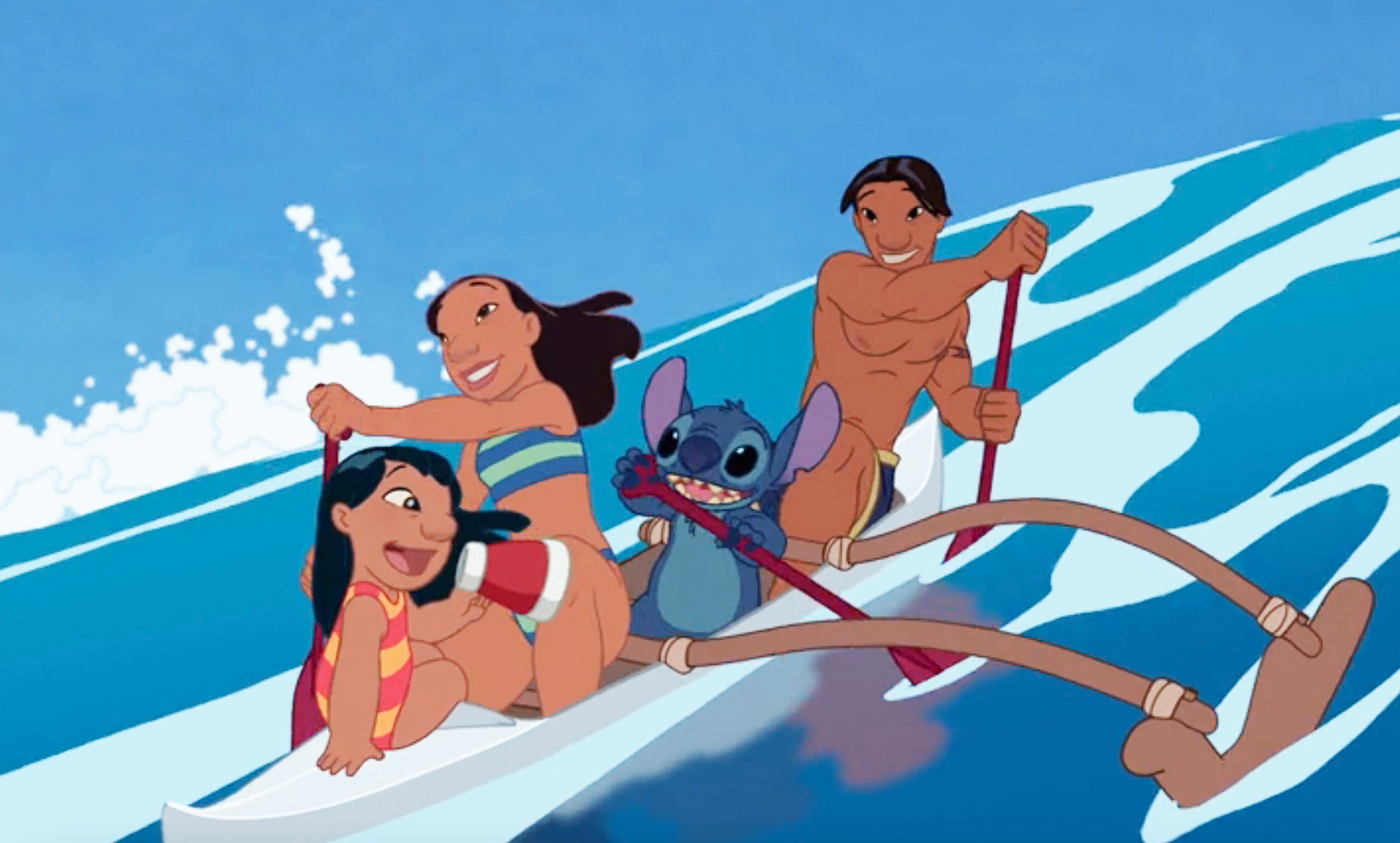 Animated characters Lilo, Nani, David, and Stitch paddling a canoe on a wave in a scene from "Lilo & Stitch."
