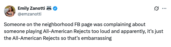A tweet from Emily Zanotti: Someone complained about music being too loud, but it turned out to be a live All-American Rejects performance
