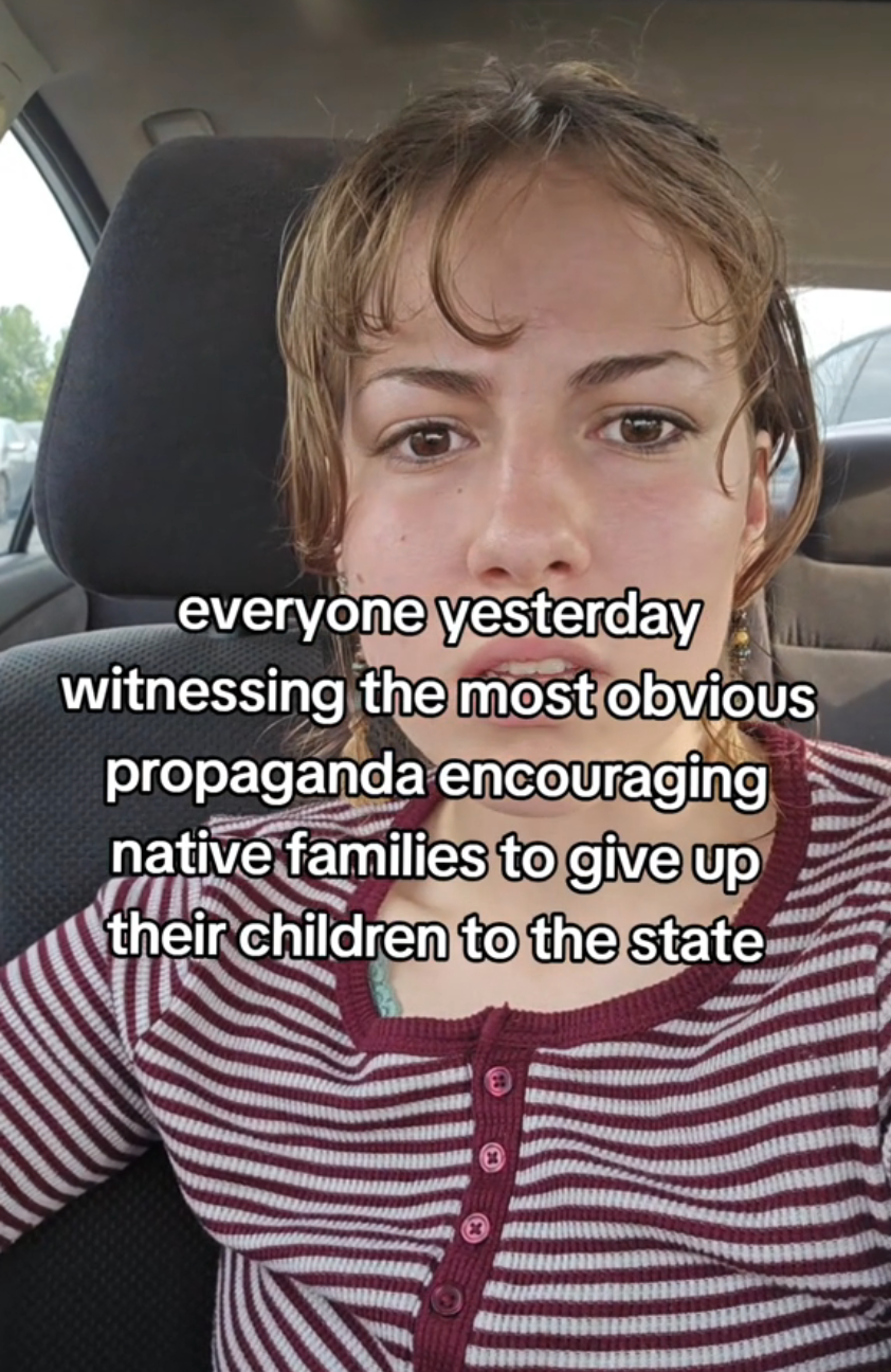 Person with striped shirt and wet hair, captioned: "everyone yesterday witnessing the most obvious propaganda encouraging native families to give up their children to the state."