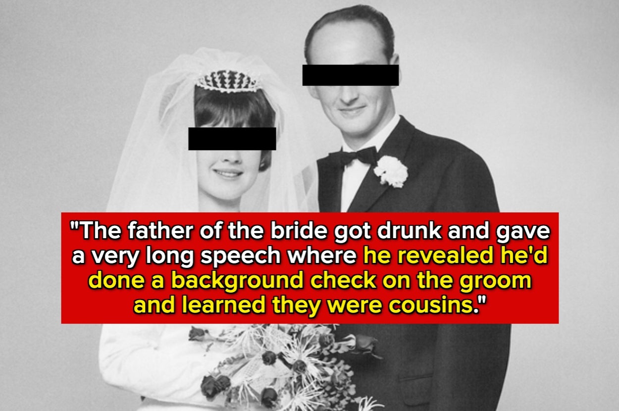 A bride and groom pose together in wedding attire. Text reveals a wedding speech incident involving a background check