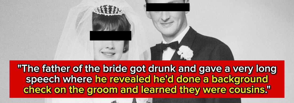 A bride and groom pose together in wedding attire. Text reveals a wedding speech incident involving a background check