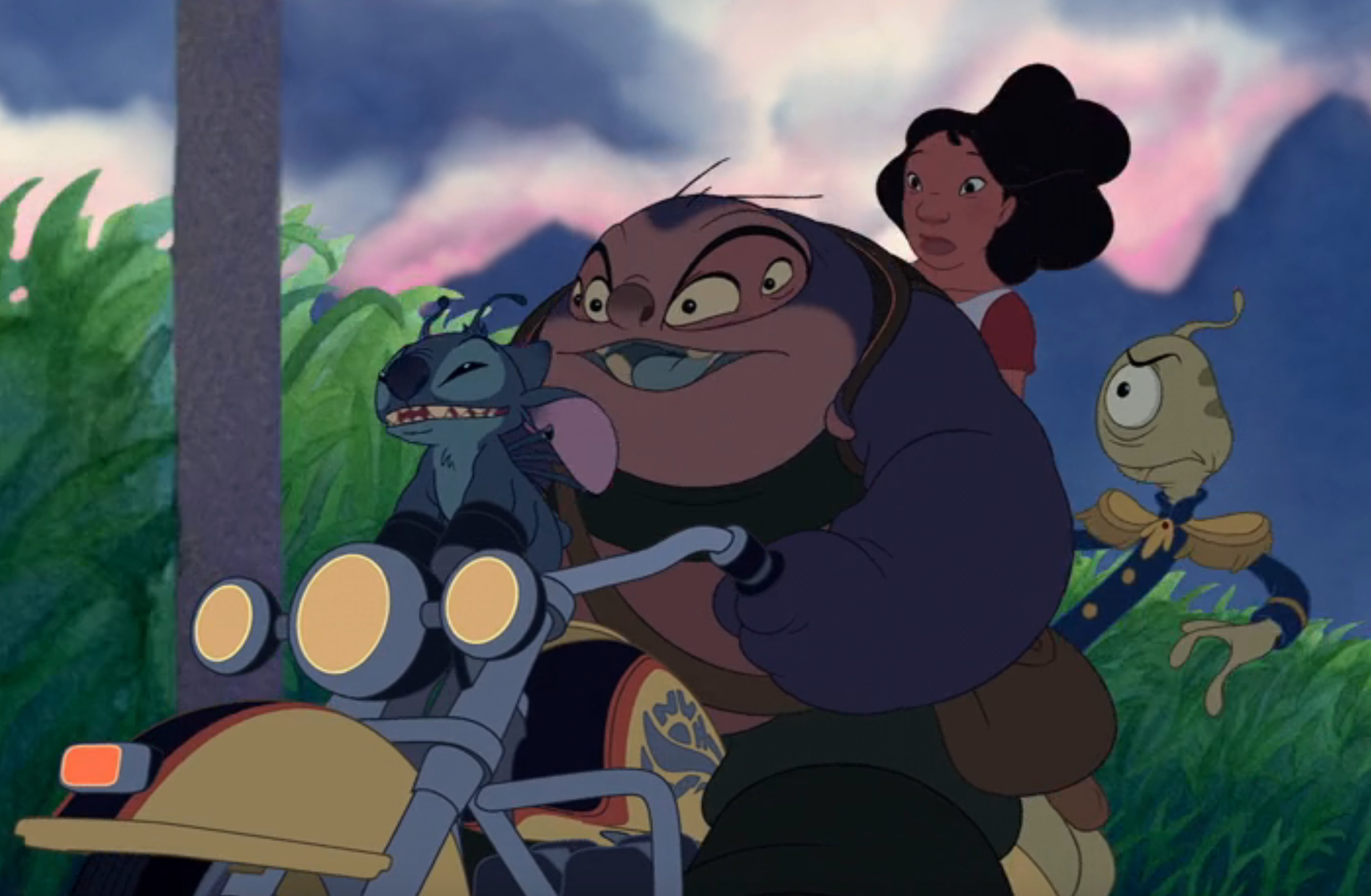 Animated characters from "Lilo & Stitch" ride a motorcycle in a tropical setting. Stitch appears excited