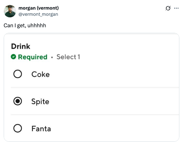 Twitter post showing a drink selection menu with options: Coke, Spite, Fanta. "Spite" is selected. Header: "Can I get, uhhhhh."