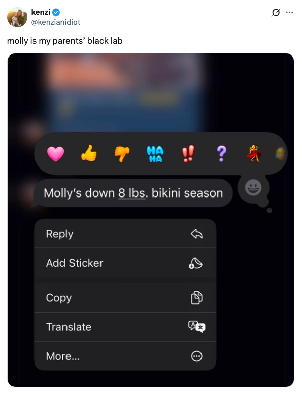 A social media post shows a message saying "Molly's down 8 lbs. bikini season" with emoji reactions above it