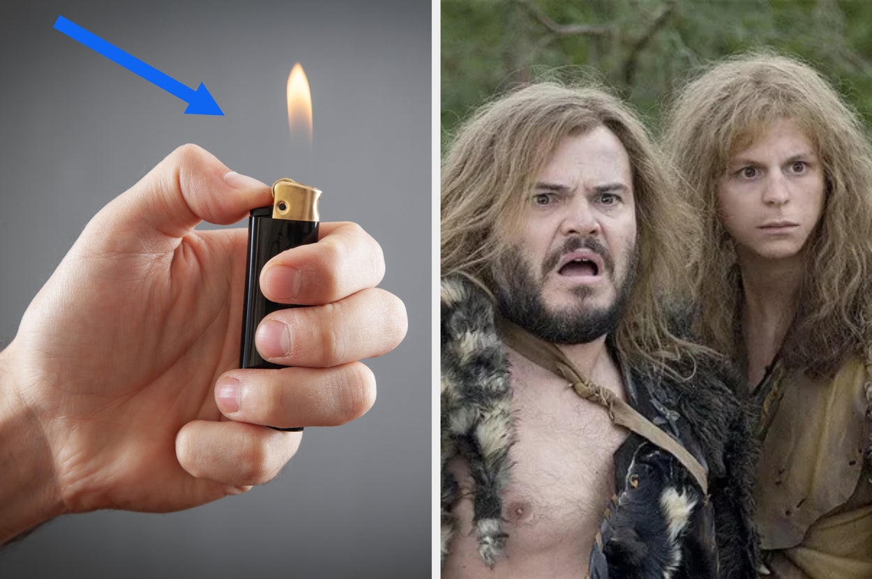 A split image with a hand holding a lit lighter on the left and two people in prehistoric-style costumes looking surprised on the right
