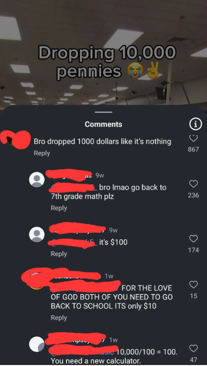 People debating in the comments how much money 10,000 pennies is