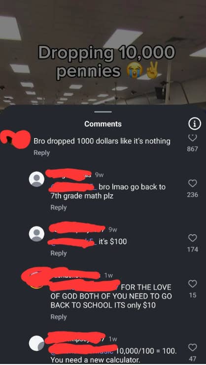 People debating in the comments how much money 10,000 pennies is