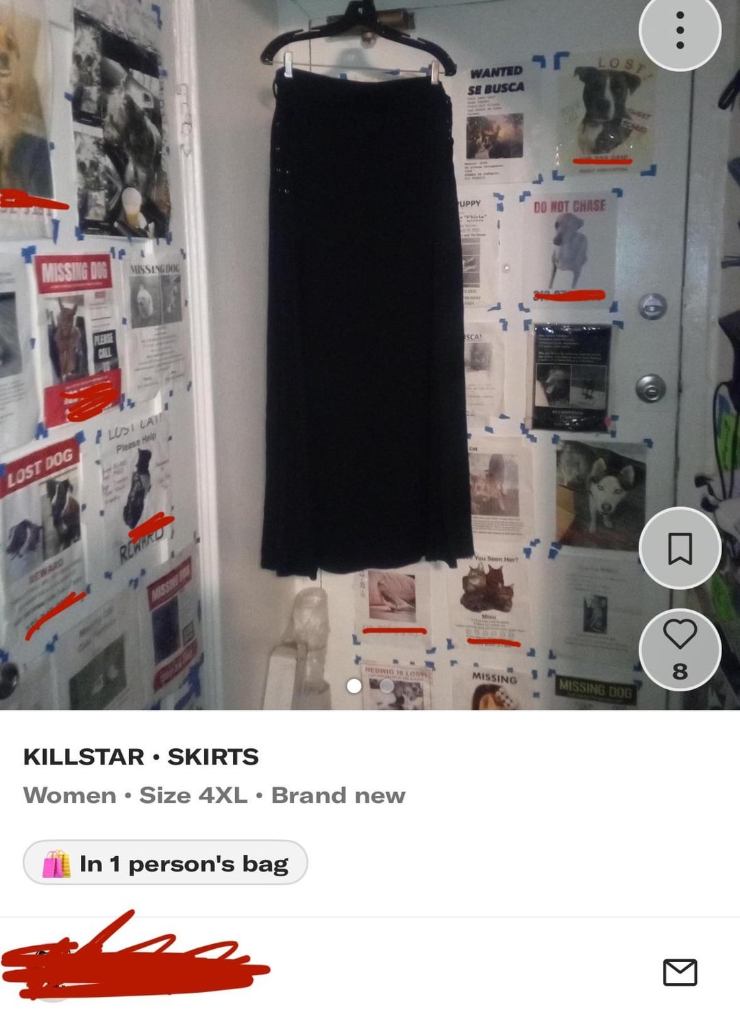 A black skirt is hanging against a wall covered with various missing pet posters. The listing text indicates it's a size 4XL, brand new