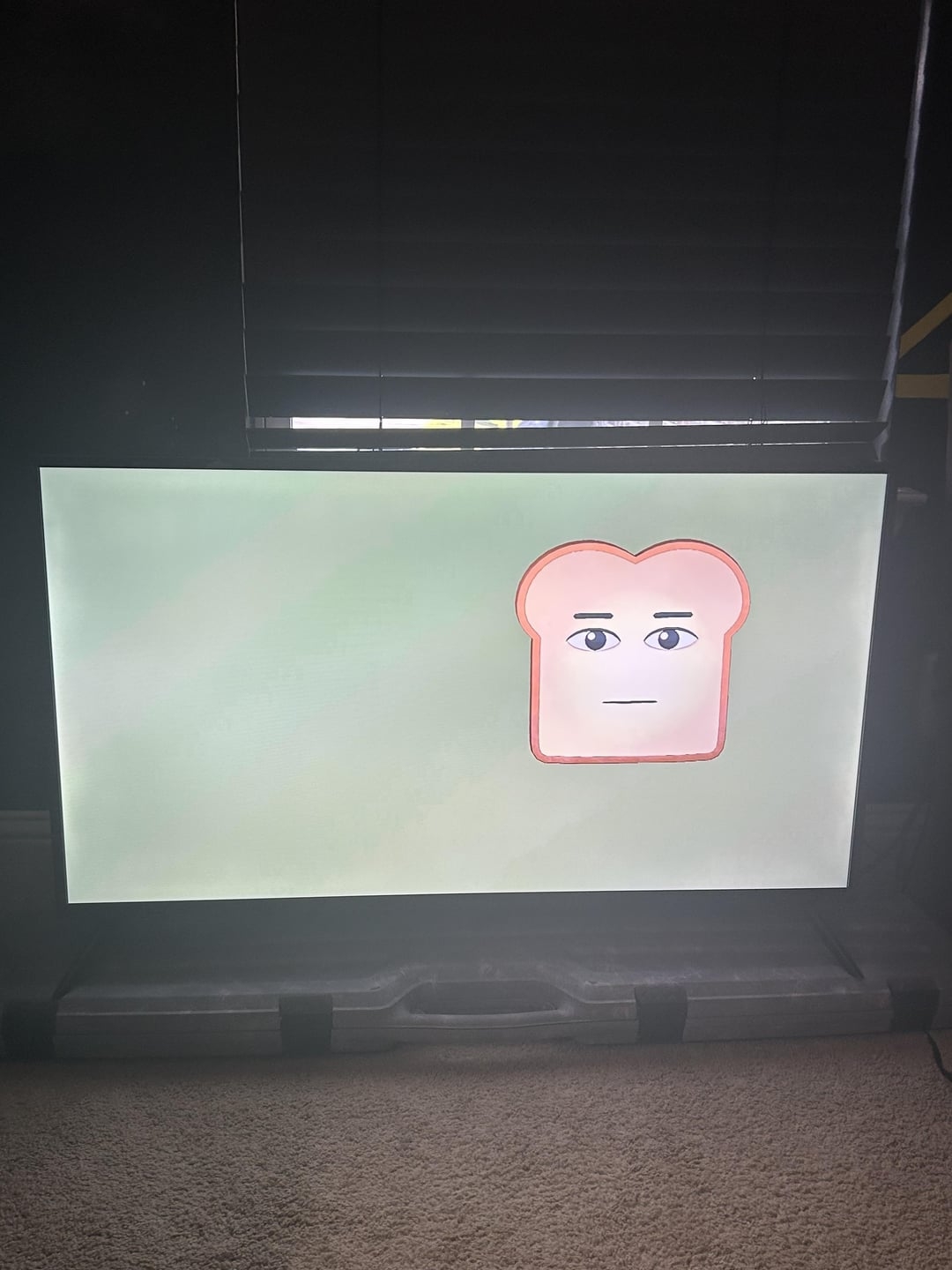 A slice of bread with a face is displayed on a screen in a dimly lit room