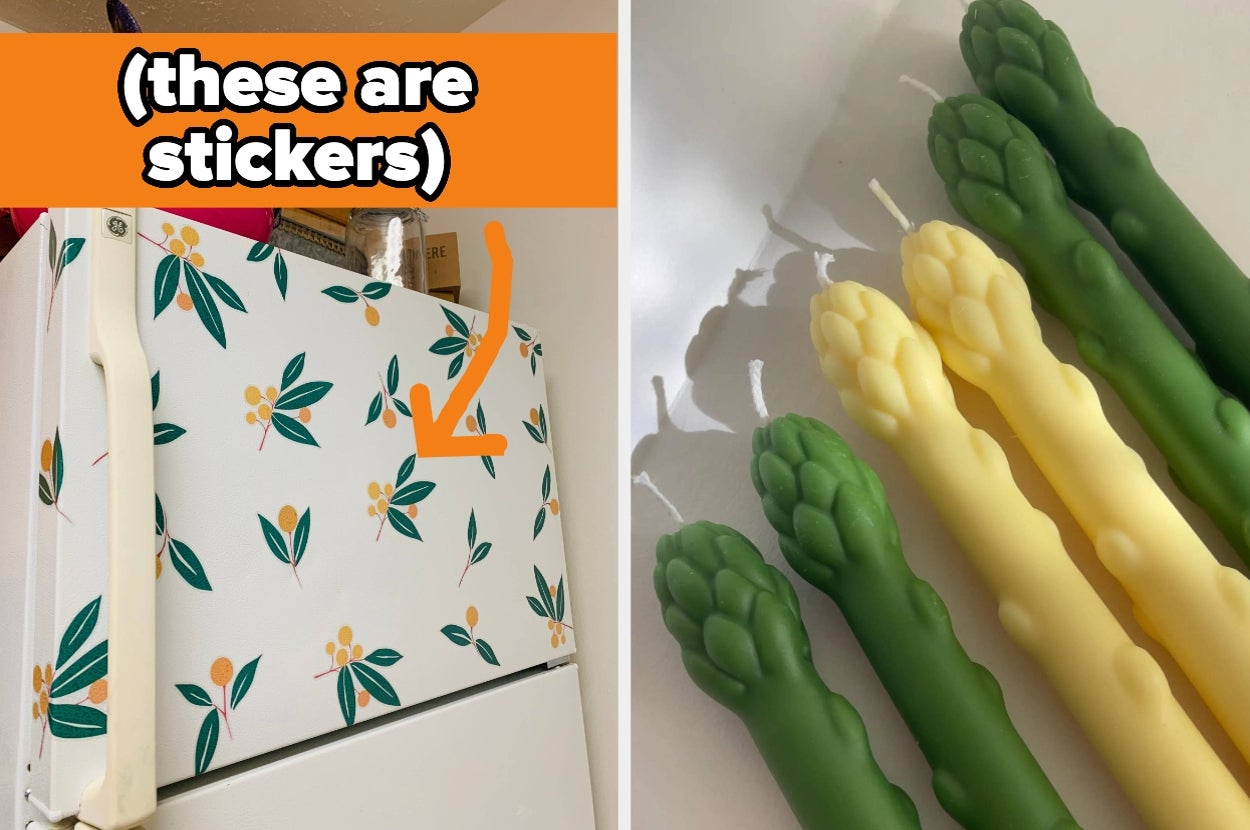 Left: Fridge with floral peel-and-stick decals. Right: Asparagus-shaped candles in green and yellow