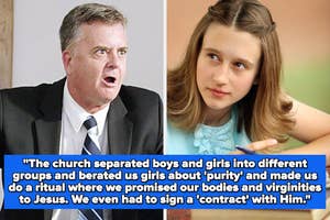 A man in a suit looks upset, next to a thoughtful young girl. Text discusses a church ritual about promising purity and signing a contract with Jesus
