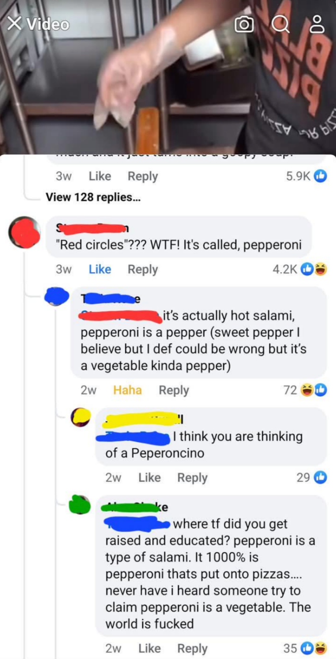 Comment claiming pepperoni is a pepper, with others correcting this