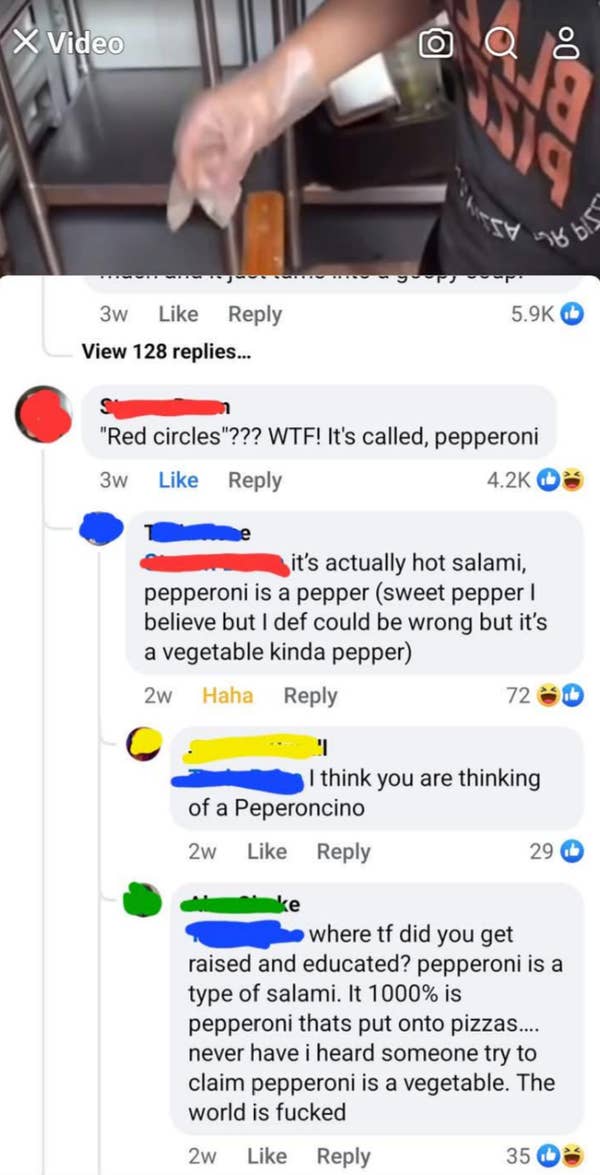 Comment claiming pepperoni is a pepper, with others correcting this