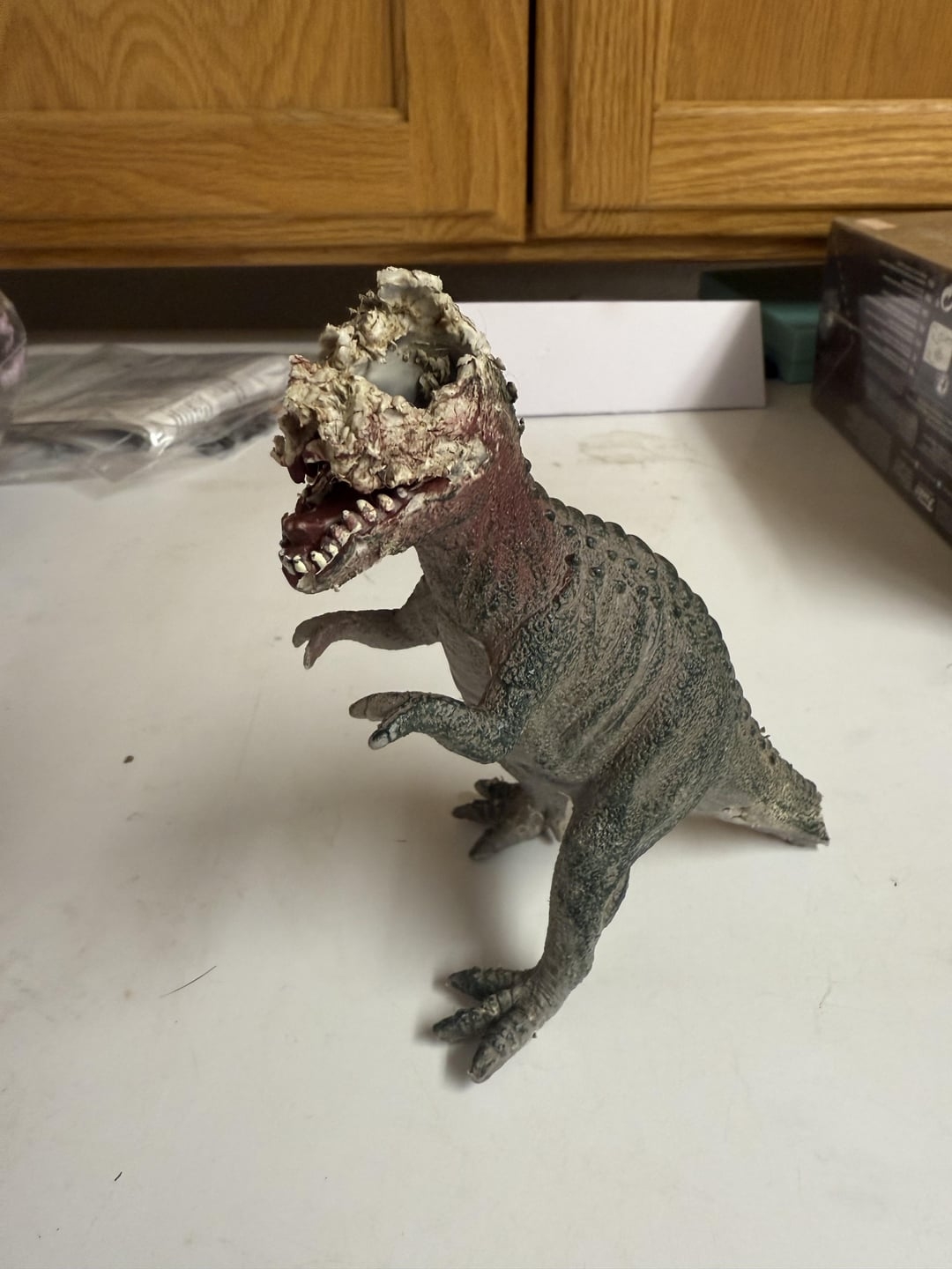 Dinosaur toy with visible damage, missing part of its head. It stands on a kitchen counter with cabinets and other items in the background