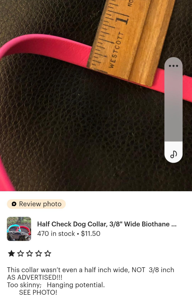 Product review image showing a measuring ruler against a dog collar, indicating a width discrepancy. Review text criticizes the collar's advertised size