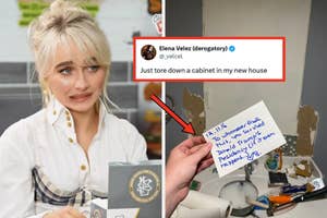 Woman reacting with surprise; tweet: "Just tore down a cabinet in my new house." Hand holds note about important documents behind a cabinet