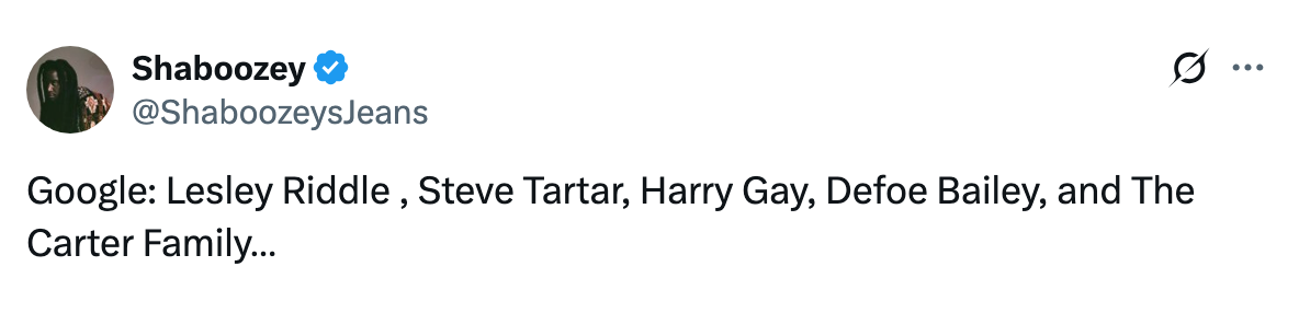Tweet listing names: Lesley Riddle, Steve Tartar, Harry Gay, Defoe Bailey, and The Carter Family
