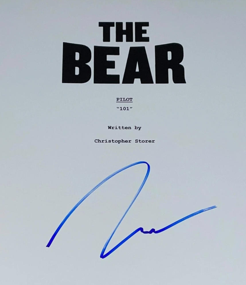 Cover page of "The Bear" pilot script titled "101" by Christopher Storer, with a large blue autograph across the page
