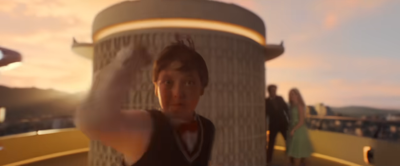 A person in a vest and bow tie on a rooftop appears to be energetically reaching forward, with people in elegant attire behind them