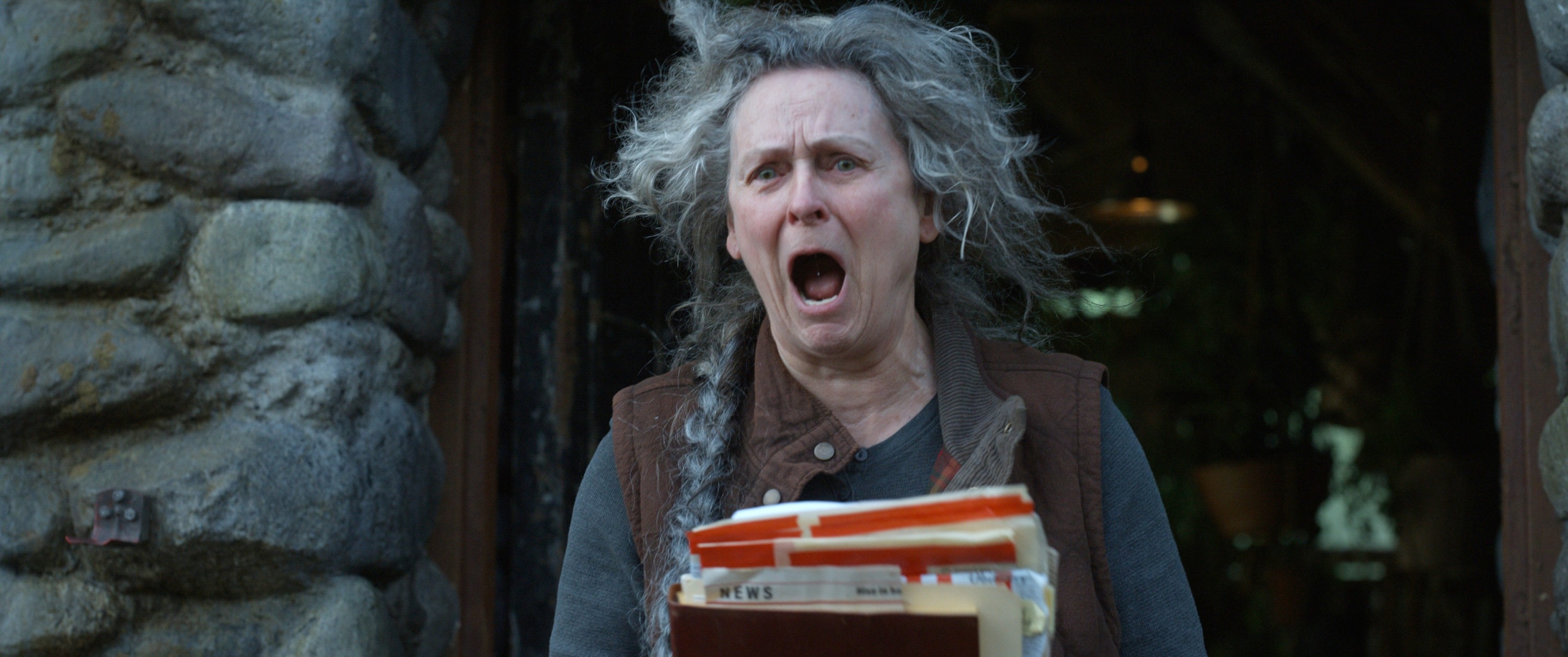 Person with disheveled hair looks surprised, holding several books and papers, standing in front of a stone building entrance